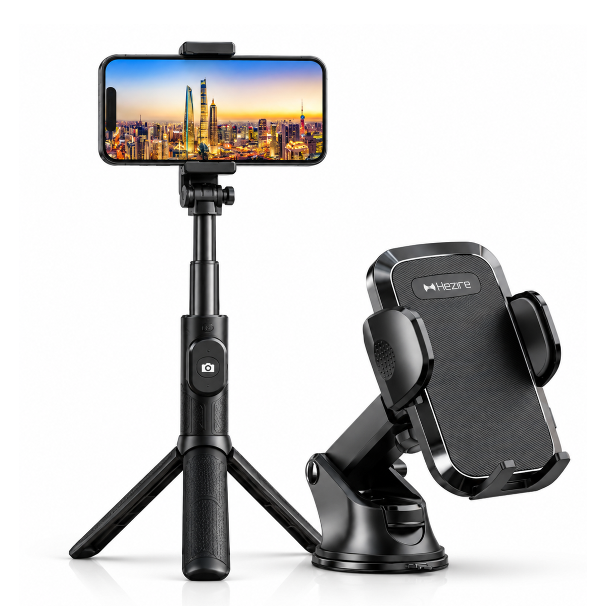 Hezire Selfie Stick Tripod + Car Phone Holder Bundle | Bluetooth Remote Included