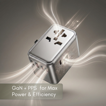 Hezire H Adapt World PD65W GaN international travel adapter charger with multiple plug options and compact design.