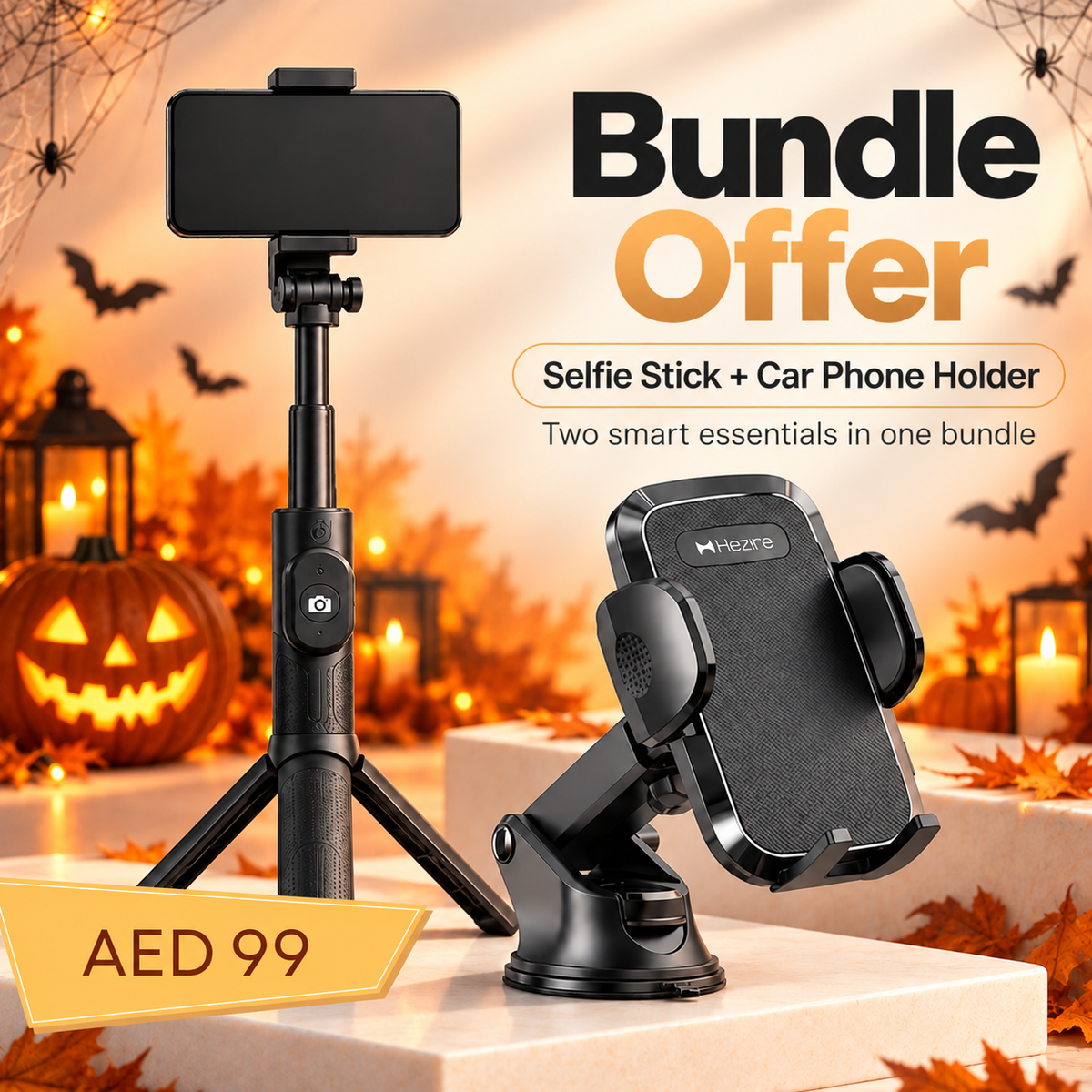 Hezire Selfie Stick Tripod + Car Phone Holder Bundle | Bluetooth Remote Included